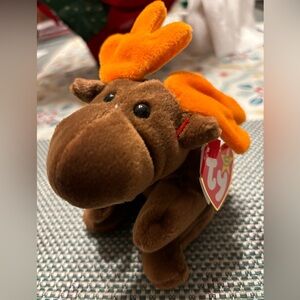 Ty Chocolate Brown Moose Beanie Baby w/ Orange Antlers, Retired with Tag Errors